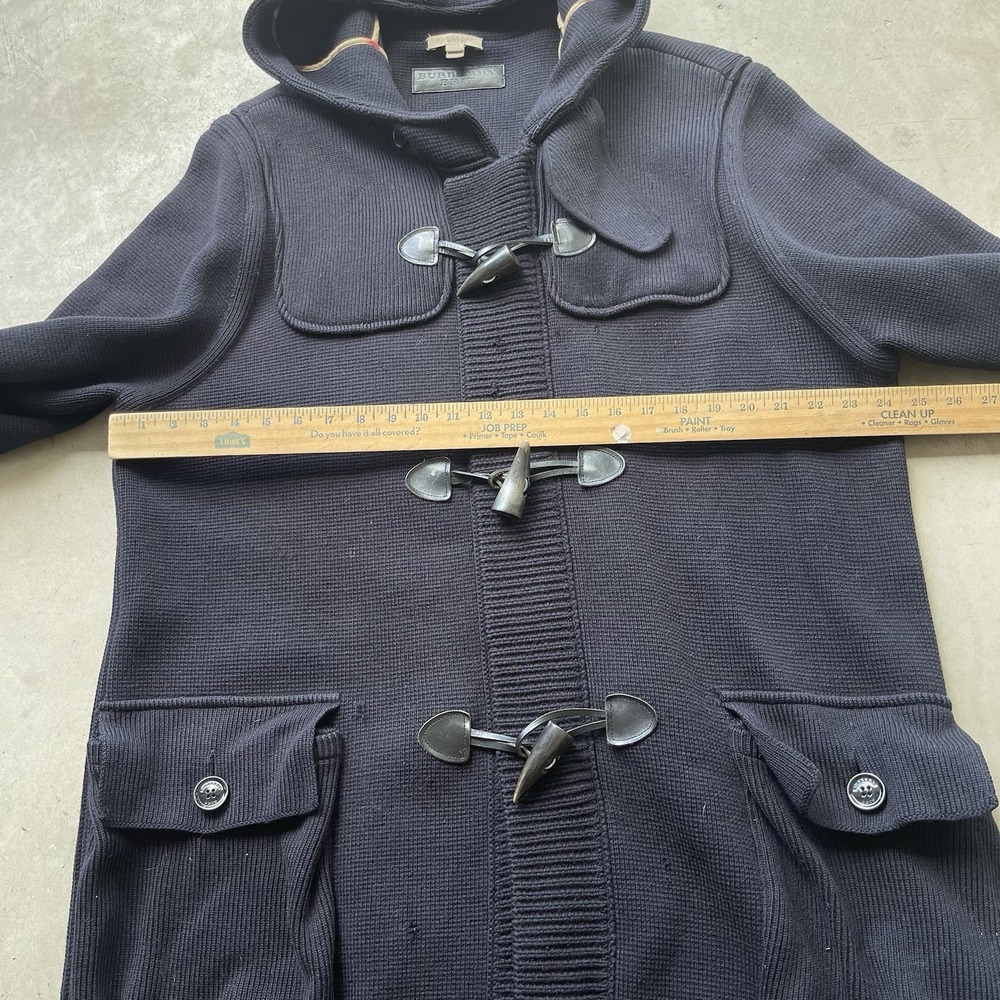 Burberry‎ Brit Merino Wool Knit Duffle Coat Navy Hooded Toggle Nova Check XL - Picture 4 of 10